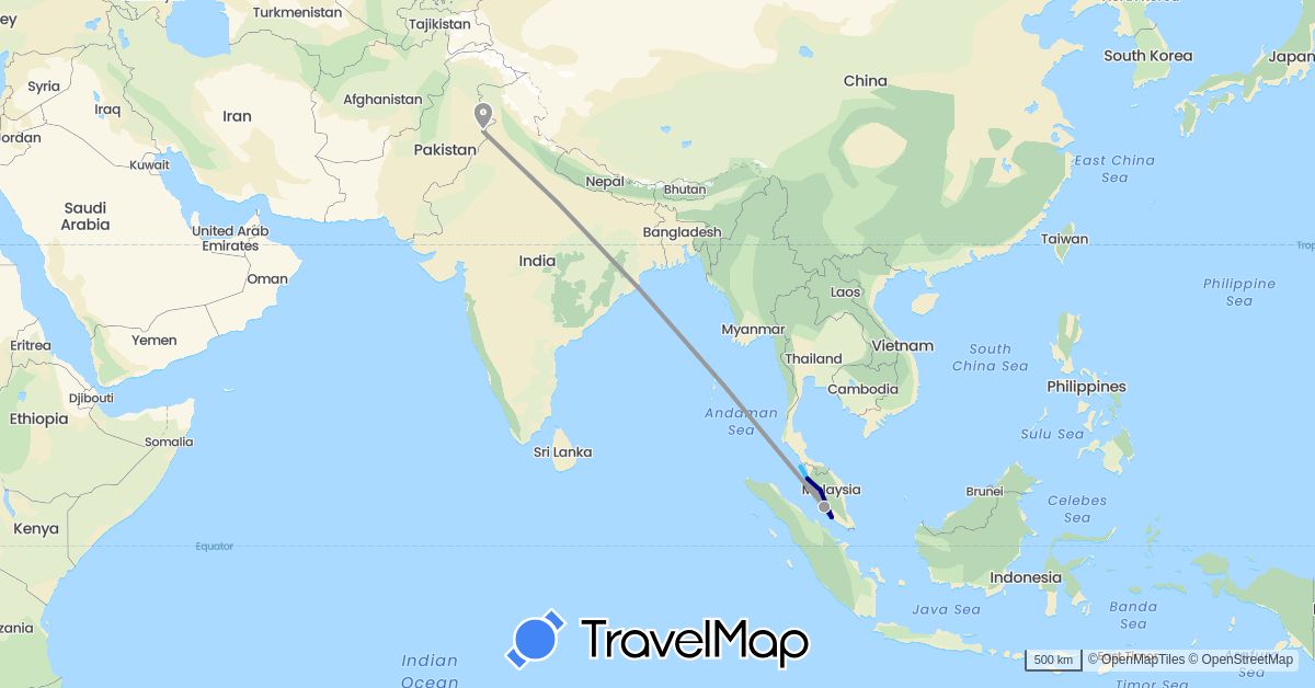 TravelMap itinerary: driving, plane, boat in Malaysia, Pakistan (Asia)
